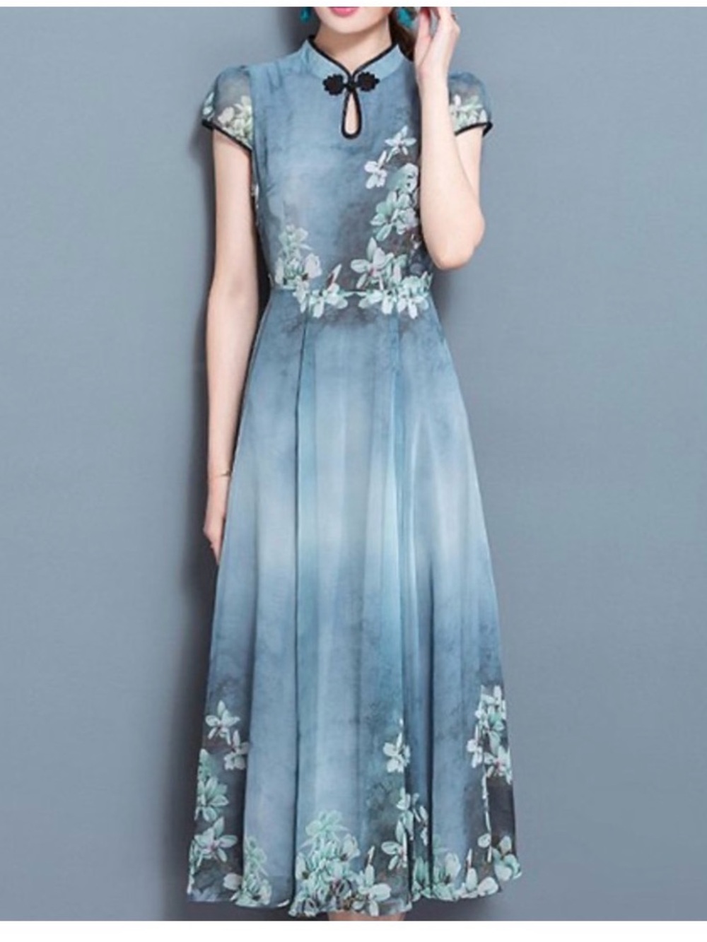 Charlie Charlie Charlotte Light Blue Floral Chiffon Midi Dress, Large